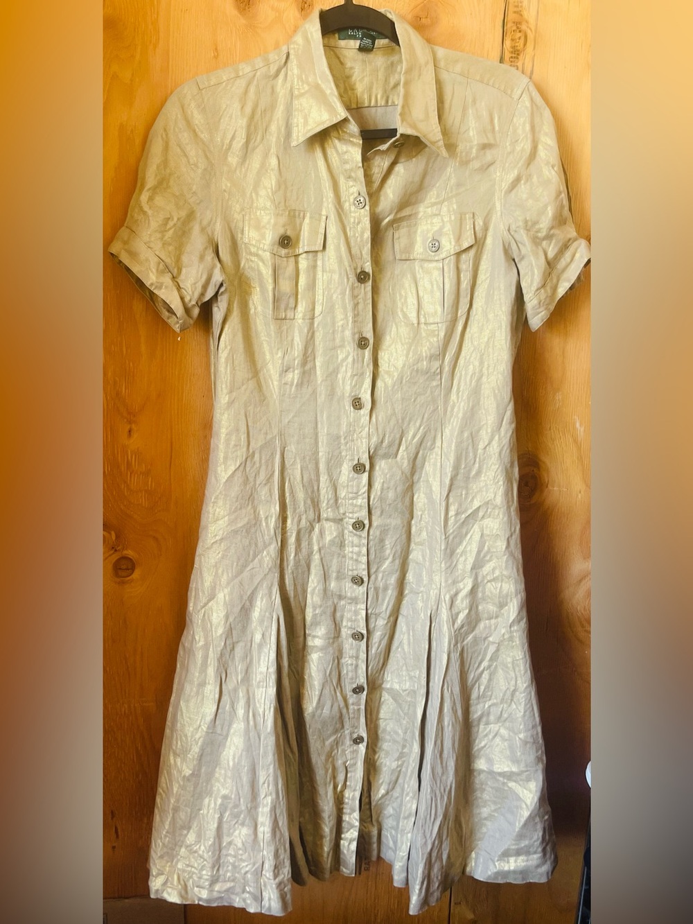 VINTAGE Ralph Lauren gold mettalic Short-Sleeve Button-Down Shirt Dress